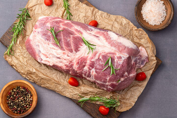 Neck of raw pork meat . Top view