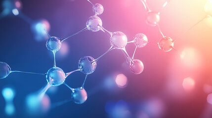 Abstract futuristic background with a glowing 3D model of a molecular structure in shades of dark blue and pink