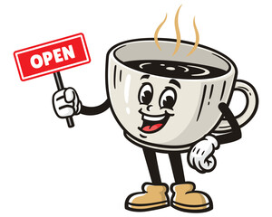 Coffee Cup with open sign, Cartoon Mascot Illustration Character Vector Retro Vintage Clip-art Hand-drawn Logo Design