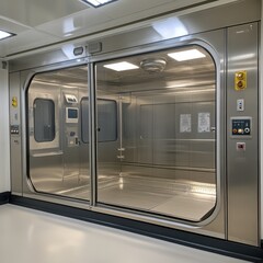 Fototapeta premium Nuclear energy engineer overseeing biosafety containment chamber for hazardous materials in medical research laboratory environment