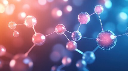 Abstract futuristic background with a glowing 3D model of a molecular structure in shades of dark blue and pink