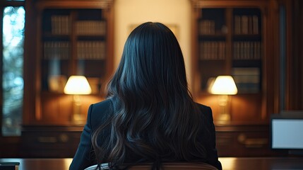 Woman with Long Black Hair Sitting in a Library with Bookcases and Lamps