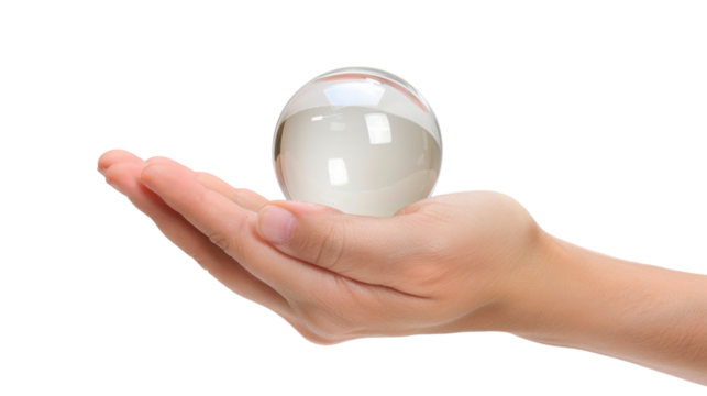 Hand holding crystal ball on white transparent background
