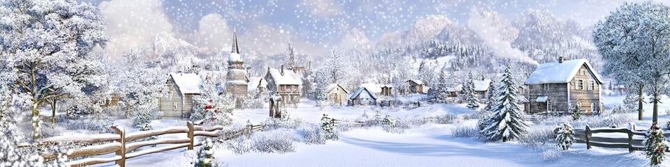 Creative Abstract Marketing Background Featuring a Winter Snow Scene in a Countryside Setting with Charming Architecture, Perfect for Christmas. This AI-Generated 3D Rendered Illustration Showcases Un