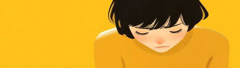 A young person with dark hair looks down, expressing a contemplative mood against a yellow background.