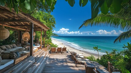Tropical Wooden Deck Overlooking a Pristine Beach with Turquoise Water
