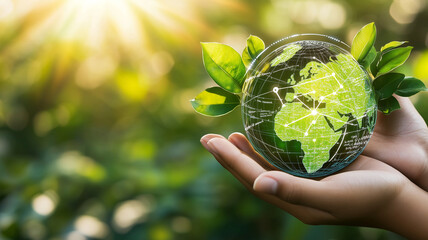 Green technology concept. Hand holding green digital earth.