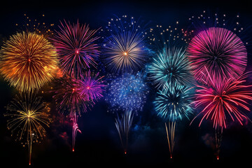 Colorful Fireworks in black sky background for New Year celebration.