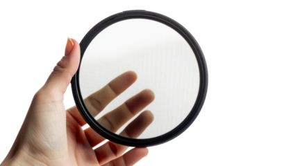 Hand holding clear camera filter on white transparent background
