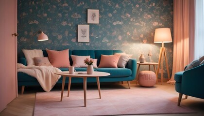 Scandinavian living room interior design zoom background,Doodle patterned wallpaper graphics