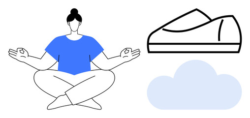 Woman engaging in meditation, sitting in lotus pose wearing a blue shirt. Yoga shoe and cloud symbols highlight comfort and calm. Ideal for wellness, mindfulness, relaxation, lifestyle, fitness