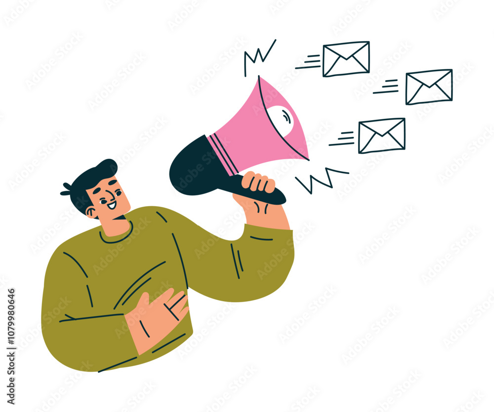 Aufkleber productive workflow with man with megaphone managing task vector illustration