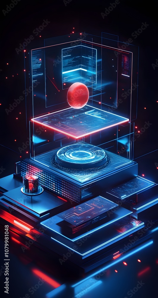 Poster 17. a high-tech 3d display with holographic elements, rotating platforms, and a central space for a 