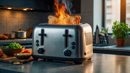 Burning toast in modern stainless steel toaster with dramatic flames. Kitchen disaster moment captured in contemporary home setting with morning breakfast preparation