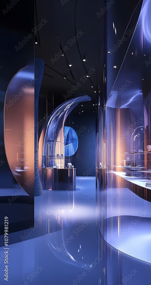 Poster 18. a sleek 3d space with reflective surfaces and ambient lighting, creating a clear area for produc