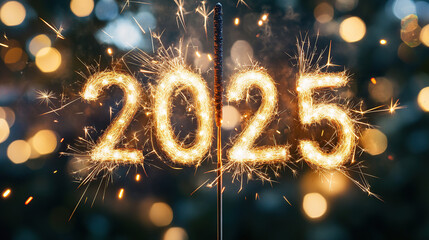 A photograph depicting the text "2025" written with sparklers, set against a festive atmosphere with a bokeh background