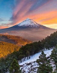 Fototapeta premium Snow-Capped Volcano Towering Over a Serene Valley, Captured at Sunset With Vibrant Orange and Pink Hues in the Sky, Surrounded by a Dense Pine Forest for a Stunning Nature Landscape