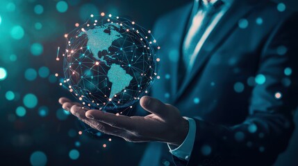 Illustration of Businessman holding a globe, symbolizing global business success.