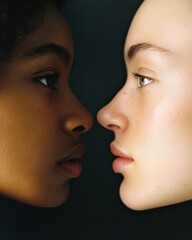 Obraz premium Skin tone diversity captured in natural light, close-up profiles of women’s faces