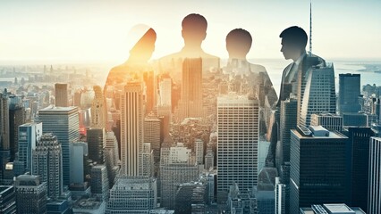 Silhouettes of four business people against a city skyline at sunrise.