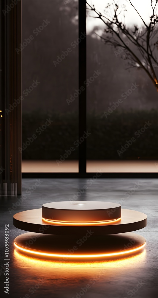 Poster 23. a modern 3d showcase with floating platforms, glowing edges, and an open center for a product.