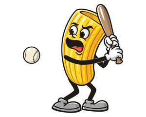 Macaroni playing baseball, Cartoon Mascot Illustration Character Vector Clip-art Hand-drawn Logo Design