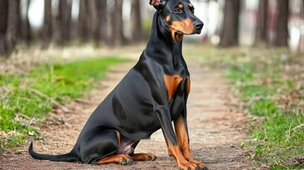 Dog sitting in forest path outdoor animal photography natural setting side view captivating canine beauty