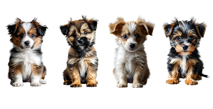 Four adorable puppies of different breeds pose against a transparent background, showing off their playful expressions and bright fur textures