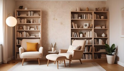 Fototapeta premium Scandinavian living room interior design zoom background,Doodle patterned wallpaper graphics