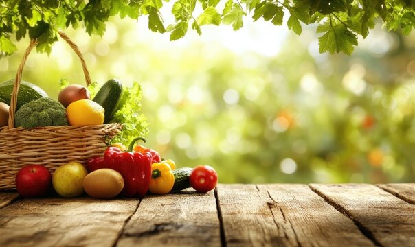 Fresh Produce, Basket, Wooden Table, Summer, Garden, Fruits, Vegetables, Green Leaves, Sunlight, Healthy Eating, Nature, Organic, Food, Vitamin, Delicious