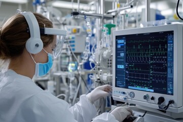 A biomedical engineer testing the functionality of an advanced medical device in a clinical lab setting, surrounded by medical tools, electronic, and scientific equipment for health diagnostics.