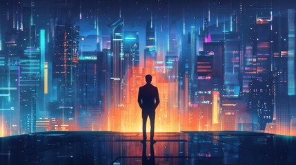 Illustration of Visionary entrepreneur with futuristic city elements in the background.