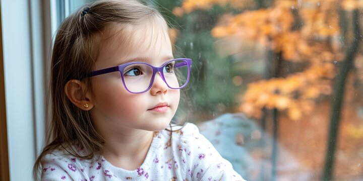 Creative Abstract Marketing Background Emphasizing Vision Protection, Featuring a Young Girl in Purple Glasses Gazing Out at a Distant Autumn Tree. This AI-Generated Illustration Symbolizes Myopia Pre