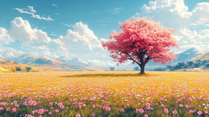 a field ridge, a blooming apricot tree, creative modern style. The scene has bright and vivid colors,