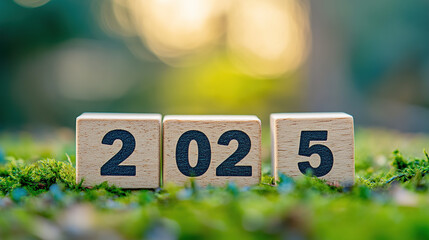 A wooden block with the number "2025" on a green bokeh background