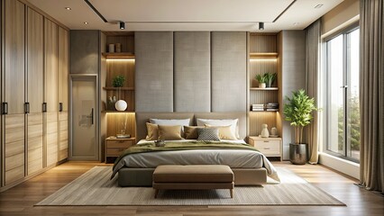 Fototapeta premium Minimalist Tranquil Bedroom with Hidden Storage Solutions in Muted Earth Tones, Bathed in Soft Afternoon Sunlight, Showcasing Matte Finishes for a Serene and Clutter-Free Aesthetic
