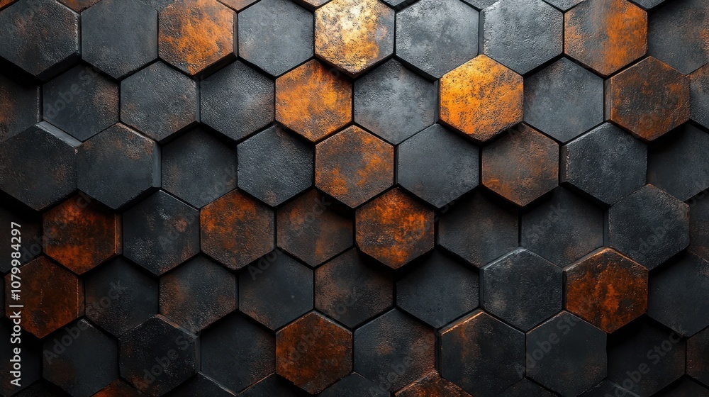 Poster a textured wall featuring hexagonal tiles in dark and rusty tones.