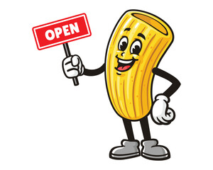 Macaroni with open sign, Cartoon Mascot Illustration Character Vector Clip-art Hand-drawn Logo Design