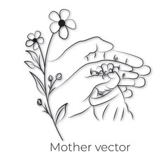 Handdrawn line art style mom and baby illustration art.