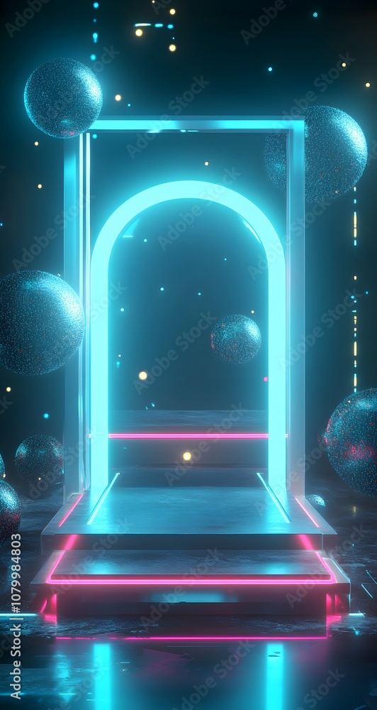 Poster 25. a futuristic 3d display with glowing spheres, abstract shapes, and an empty area for a product.