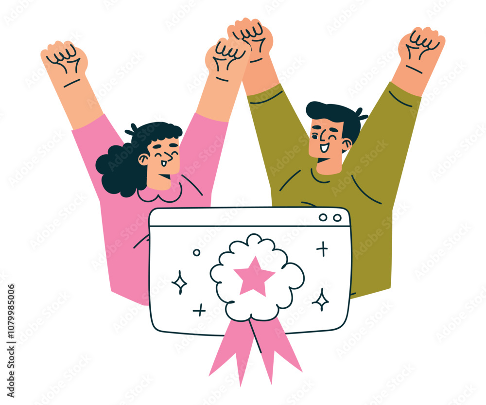 Poster productive workflow with man and woman cheering gain certificate of success managing task vector ill