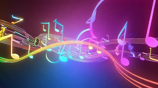 Vibrant 3D musical notes in neon colors, flowing and swirling in a dynamic pattern against a dark background. Perfect for themes of music, sound, and creativity.