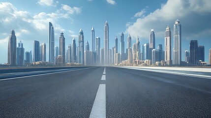Asphalt Road Leading to the Skyscrapers of Dubai