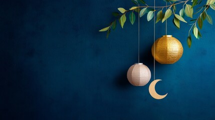 The concept of a minimal background with Chinese lanterns. A serene image featuring hanging decorations and greenery against a deep blue background.