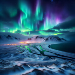 Fototapeta premium Aurora Borealis Dancing Over a Frozen Lake in a Remote Arctic Wilderness