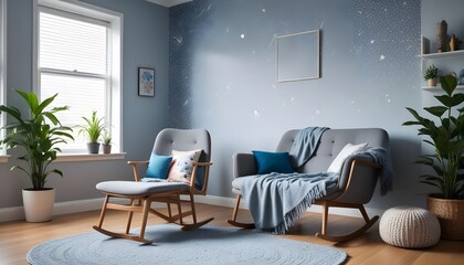 Scandinavian living room interior design zoom background,Doodle patterned wallpaper graphics