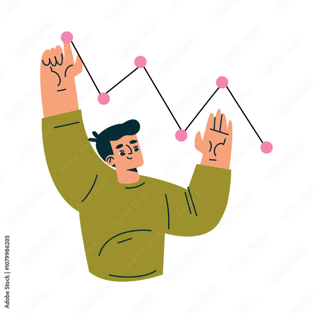 Poster productive workflow with man draw curve graph managing task vector illustration