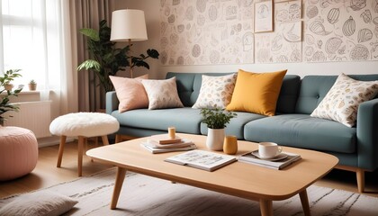 Scandinavian living room interior design zoom background,Doodle patterned wallpaper graphics