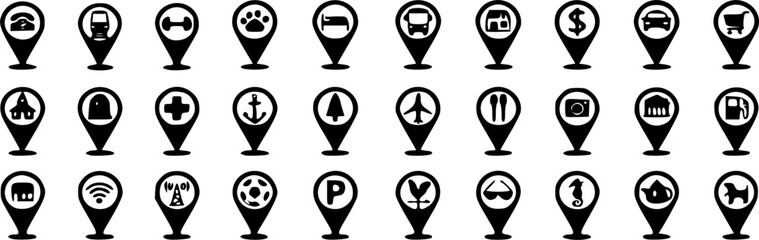 Travel and destination pin icon set. Map pin marker in the city facility icons set. Contain location of farm, seafood market and restaurant, museum, park, soccer, gas station and more