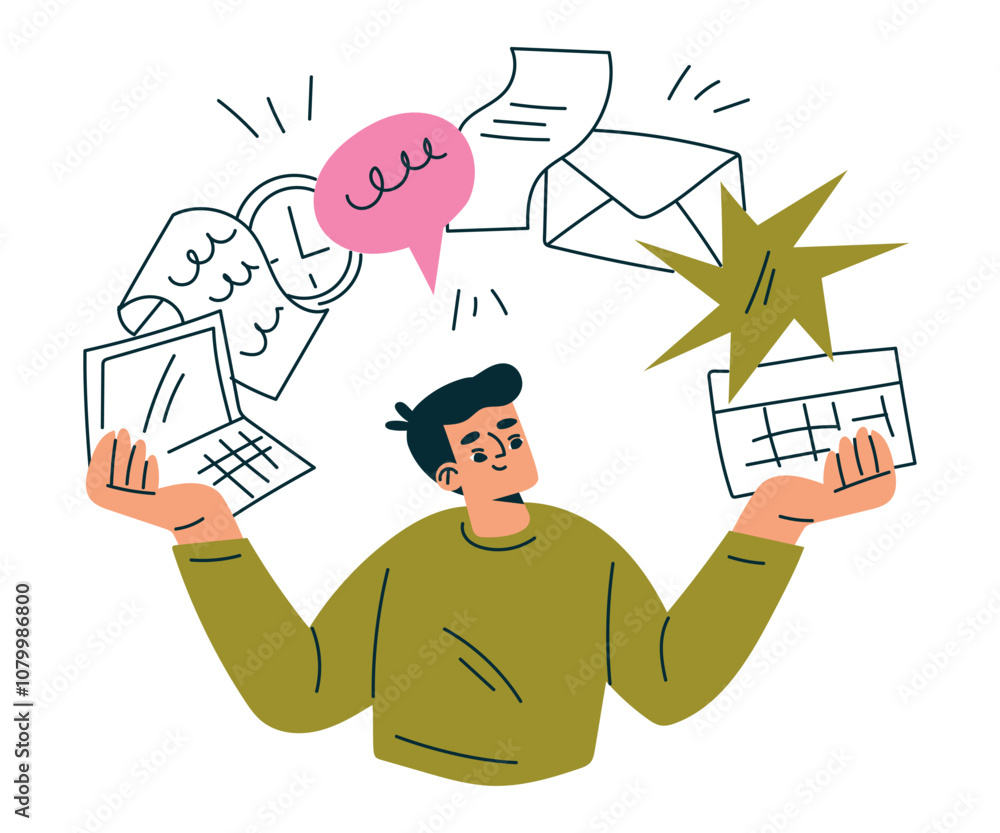 Poster productive workflow with man managing task vector illustration